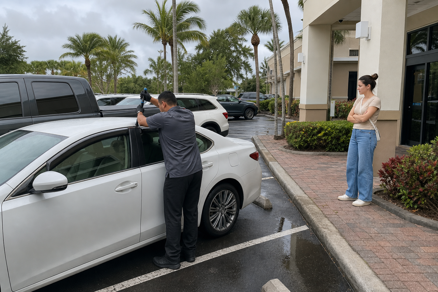 Driver waiting inside a staffed building entrance while a roadside service provider assists with a locked car in a West Palm Beach parking lot
