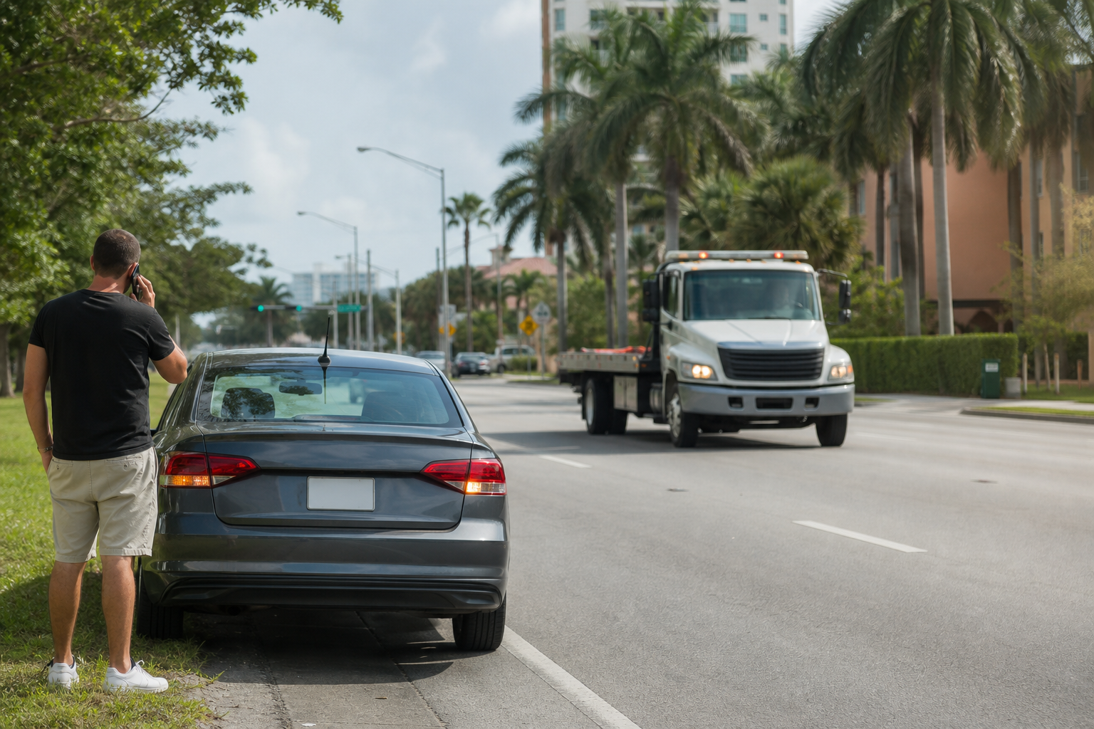 Driver standing safely beside a disabled car with the hood closed on a sunny West Palm Beach roadside while a flatbed tow truck approaches