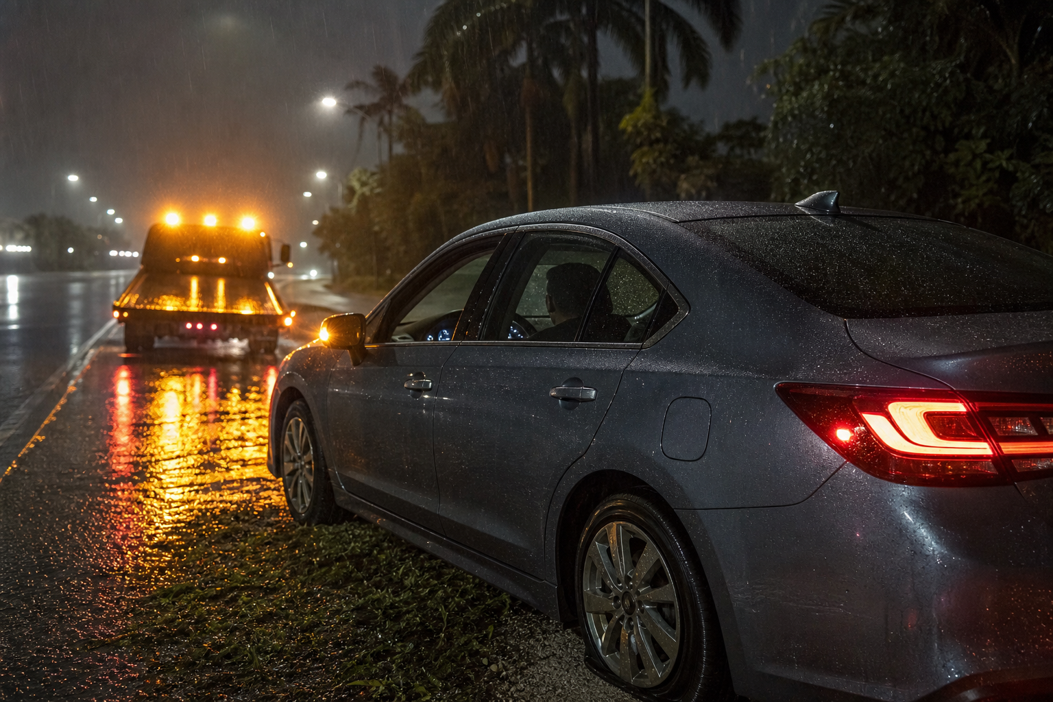 Driver waiting safely inside a disabled car with a flat tire during heavy nighttime rain in West Palm Beach